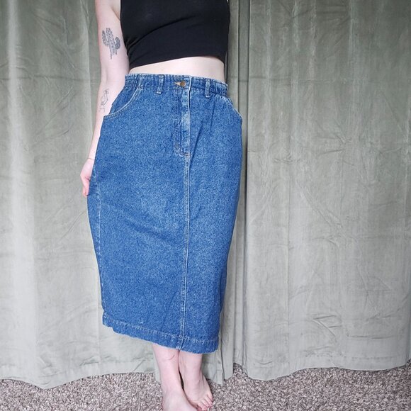 Vintage Casual Coastal Western Cottagecore Preppy Mid Rise Denim Midi Skirt - Picture 12 of 12